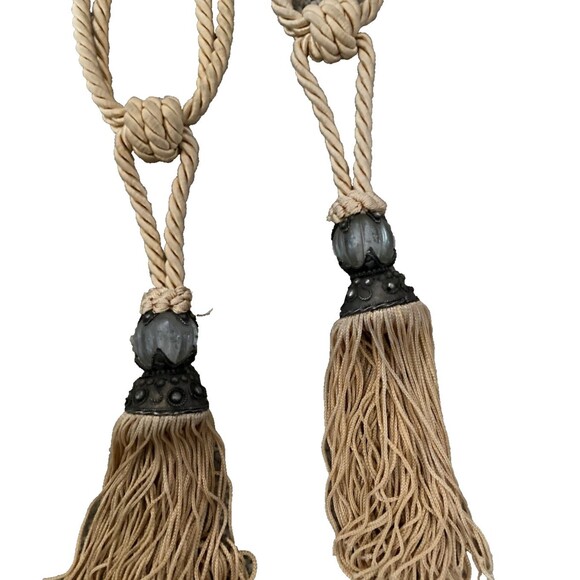 VTG Drapery Curtain Tie Backs Gold Twist Cord Rope Large Tassel Glass Set of 2 - Picture 2 of 10